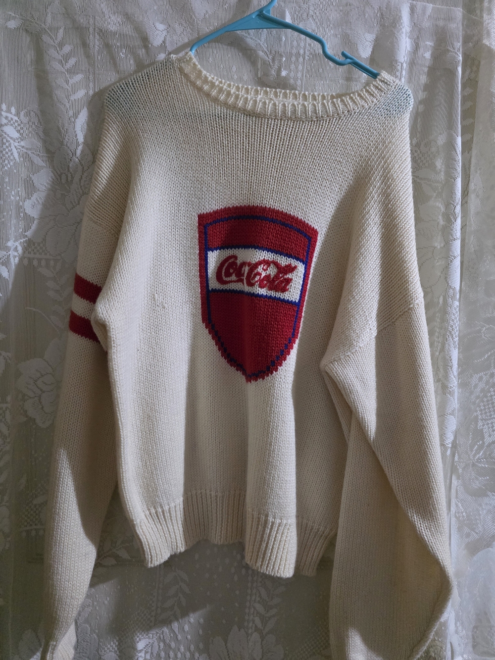 Vintage Coca Cola Cream Knit Logo Sweater with Red Shield Detail